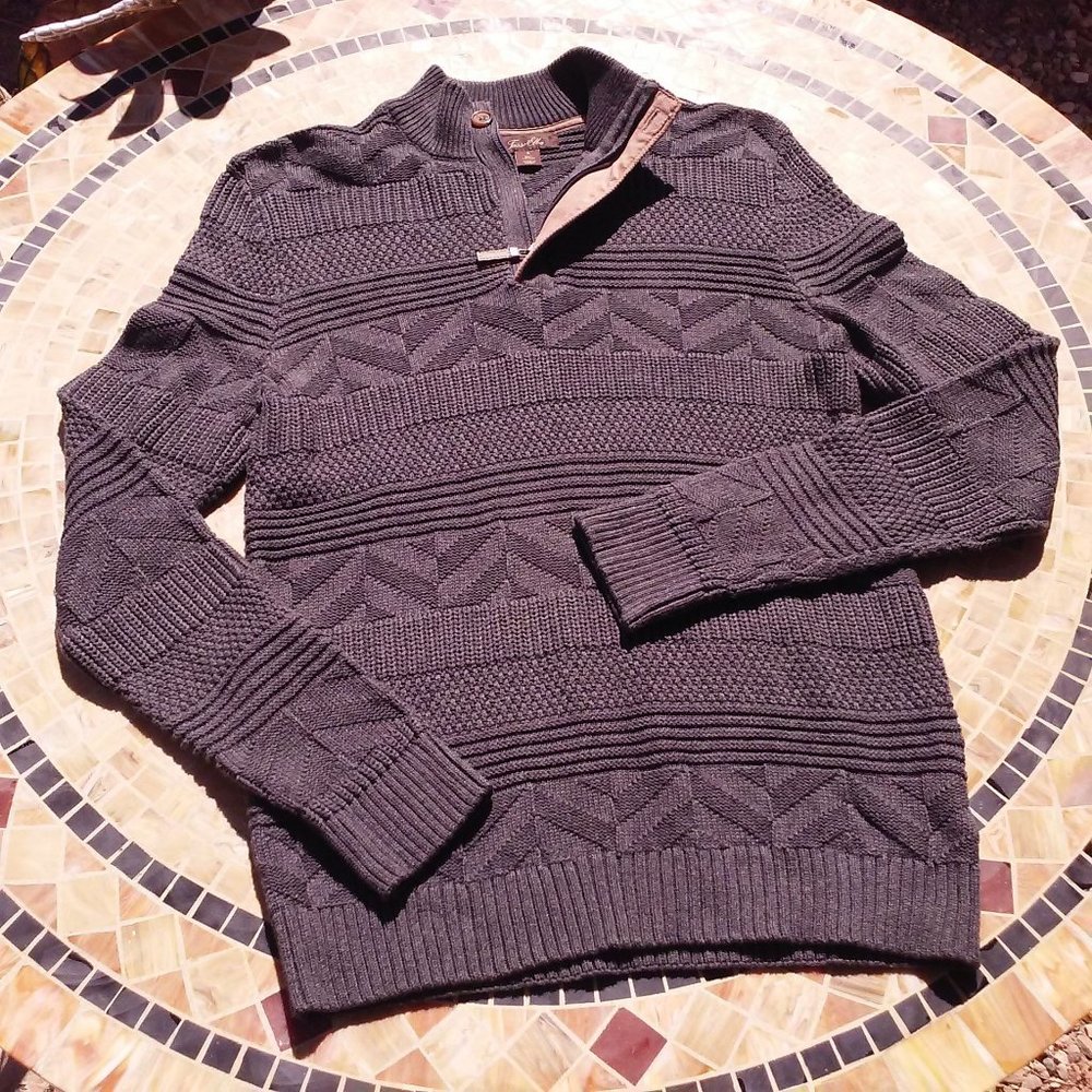 Y2K Tasso Elba Textured Knit Sweater Unisex Men's -S Ribbed Mock Neck Zip Grey